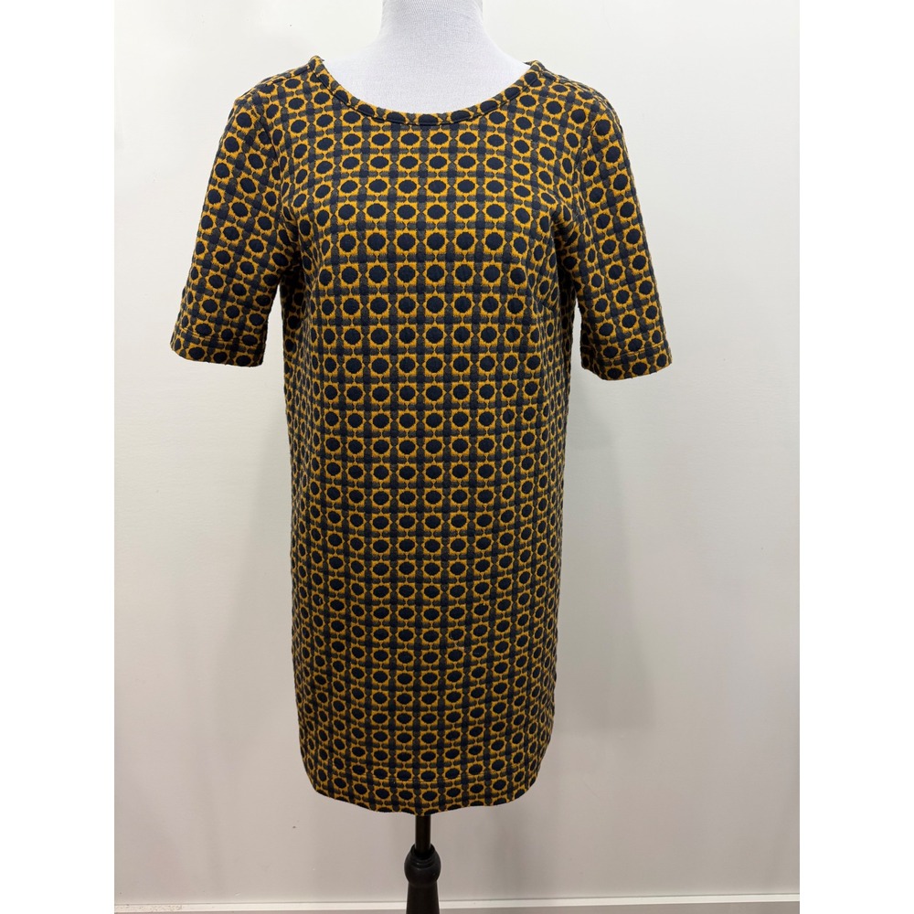 Ann Taylor LOFT Navy Mustard Yellow Geometric Jacquard Shift Dress XS 417609